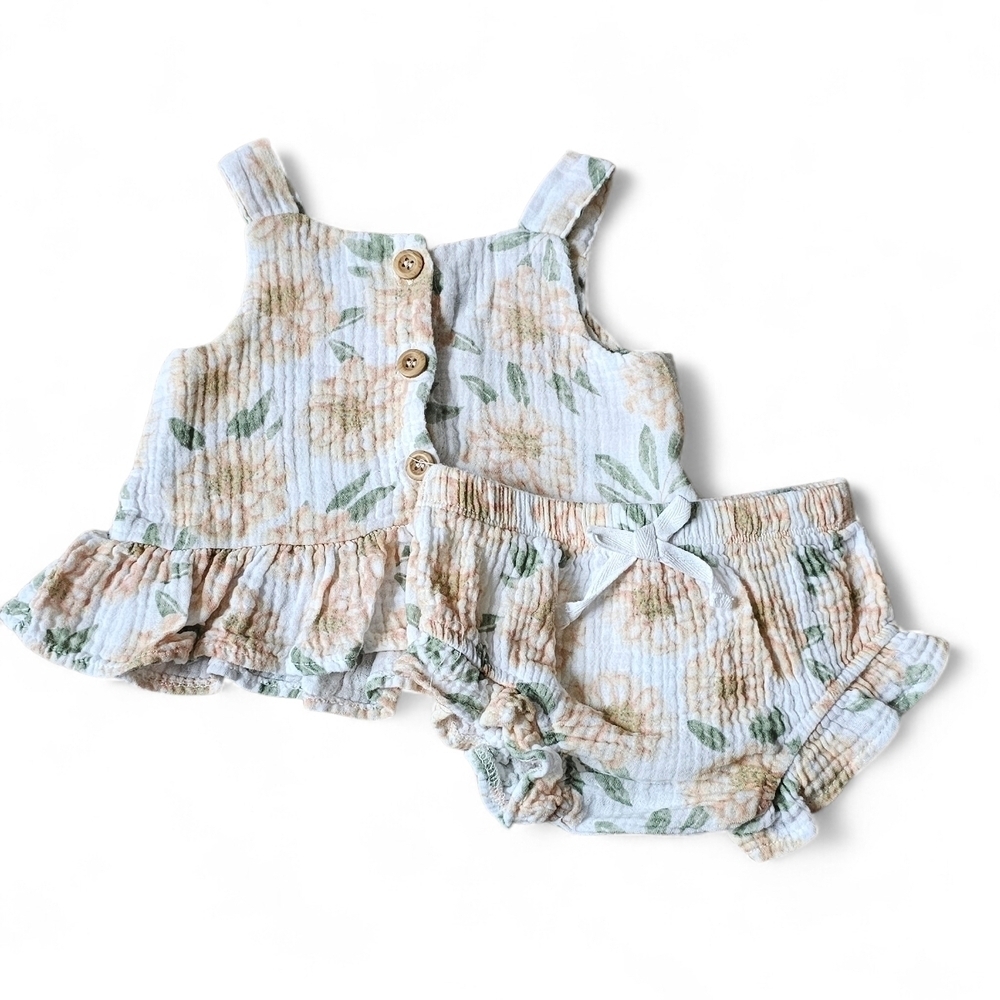 Floral Ruffle Tank & Bloomers Matching Set - Cream Peach